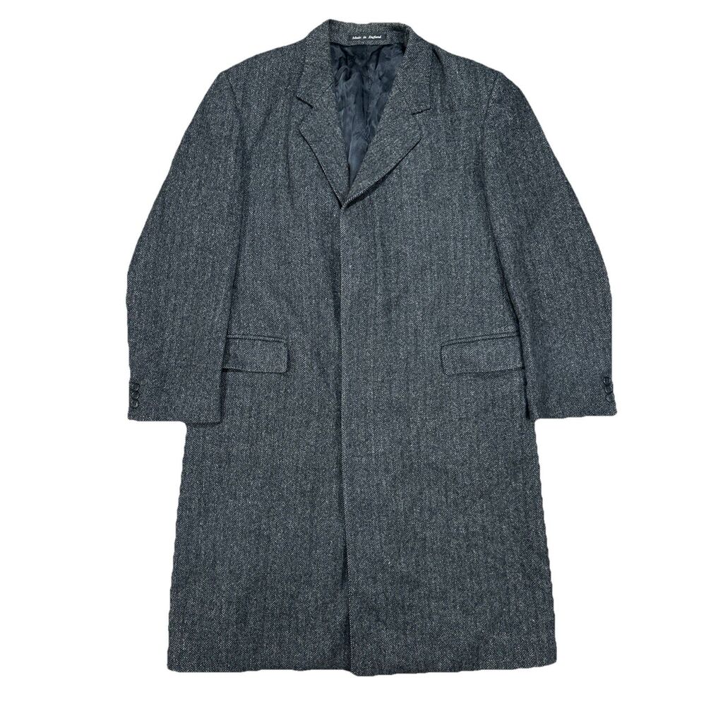 Kynoch Keith Scotland Kindler Wool Tweed Overcoat Herringbone Grey Black Large